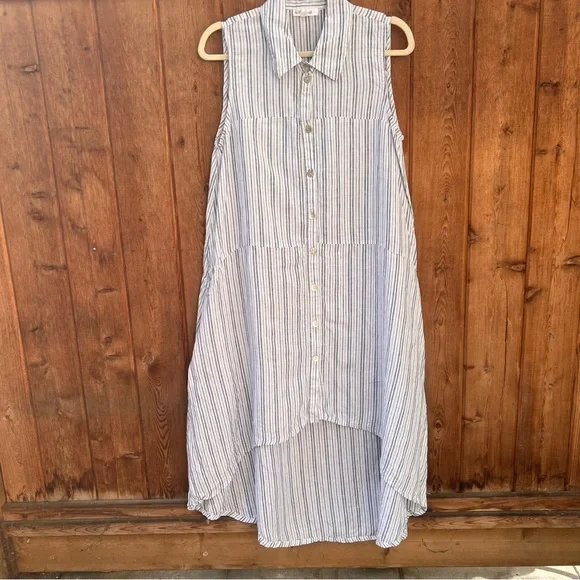 Le Paris Petit Linen Sleeveless Tunic Dress Pinstripe Button Down High Low Hem M - Picture 2 of 10